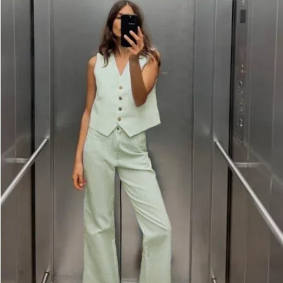 NWT ZARA 2 PIECES MATCH SET STRIPED VEST + STRIPED WIDE LEG PANTS